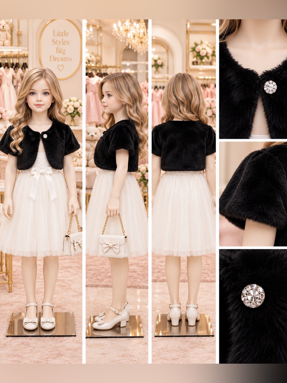 wonder nation Black Faux Fur Bolero with Rhinestone Button